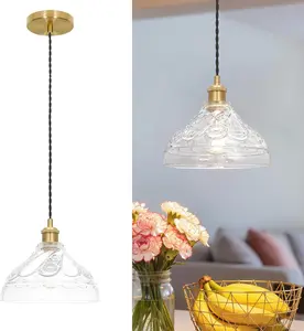 Vintage Pendant Lights for Kitchen with Clear Embossed Glass Shade, Brushed Gold Pendant Lights Kitchen Island, Adjustable Light Pendant Hanging Light for Entrance Bedroom Hallway,E26 Socket