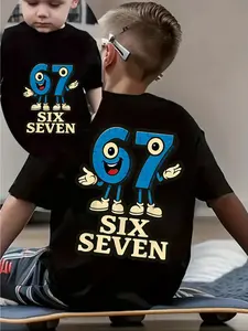 1pc Boys' Funny 67 Print T-Shirt - Double Sided Print Tshirt, Tee with Number 67 Print, Soft Breathable Fabric for Birthday Parties, School, Funny Graphic Tees, Casual Style Shirt