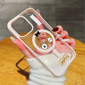 Leopard Print Heart Pop Socket Phone Case Shockproof Wear-Resistant Anti-Shock Transparent Pink Magnetic Cover for iPhone11-17promax Compatible with IPhone11/12/13/14/15/Promax16/16Promax/16pro/16plus