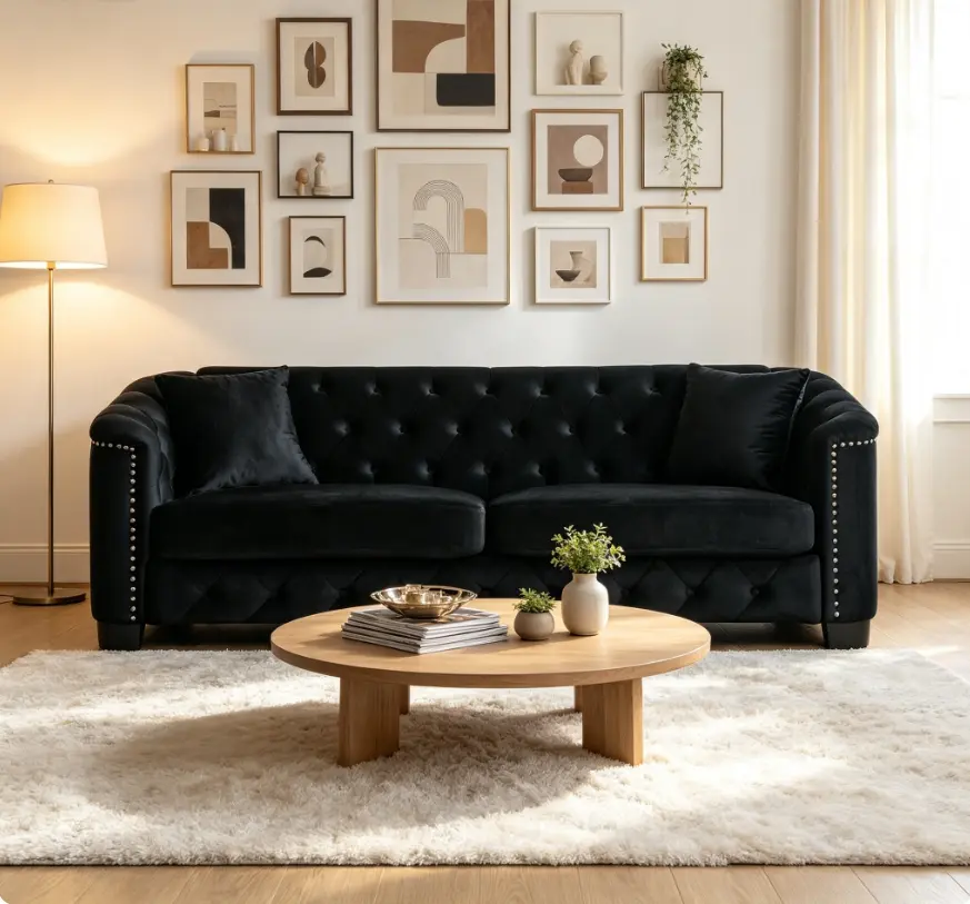 Modern 3-Seater Chesterfield Velvet Sofa with Tufted Backrest, Nailhead Arms, 2 Cushions for Living Room, Apartment + Laundry Storage Cabinet Organizer for Laundry Room, Chesterfield Sofa