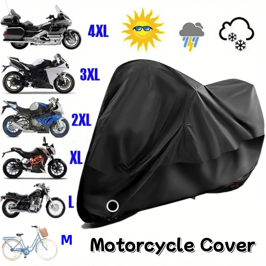 Black Polyester Motorcycle & Bike Protector Cover, 3XL/4XL Motorcycle Accessories - 4-Season Thick Water Resistant Protection, Buckle, Anti-Theft Lock Hole, Outdoor Storage Compartment, Weatherproofing