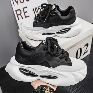 UYCEKK Men's Height-Increasing Thick-Soled Sneakers - Lift 0.39-0.79inch Height, Breathable Fabric Upper & Wide Inner Lining, Durable PVC Sole, Low-Top Lace-Up for Streetwear, Casual Daily Wear (Black/White) - Comfortable Height Shoes