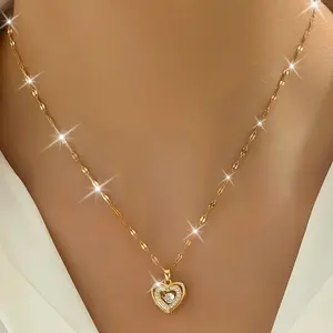 Elegant 18K Gold-Plated Heart-Shaped Zirconia Pendant Necklace - Vintage-Inspired, Perfect for Women's Daily Wear & Parties