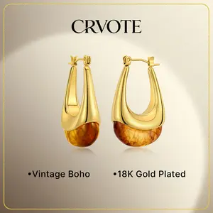 [2026 New Arrival] CRVOTE Gold Earrings for Women Trendy, 18K Gold Plated Vintage Brown Resin Chunky Dangle Drop Big Earrings, Boho Trendy Statement Women's Jewelry Gifts for Her