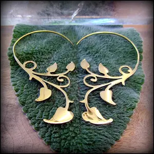 Ivy Vine Earrings in Gold Brass ~ Tribal Style like Fake Gauges ~ Fit Standard Un-Stretched Piercing ~ Elven Fairy Earthy Art Nouveau Garden