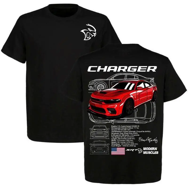 Charger Hellcat Red T-Shirt – Red muscle car graphic tee, comes with blueprint and specs, modern Mopar streetwear top, men's clothing, gift for car enthusiasts, novelty graphic tee for Father's Day, fun tee, underwear tee