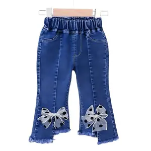 Girls' Stretch Denim Flare Jeans with Polka Dot Bow Accents - Cute Bell Bottom Pants for Toddlers & Kids, Elastic Waistband, Soft Comfortable, All-Season Wear, Allseason | Playful Flexible Babywear, Girls