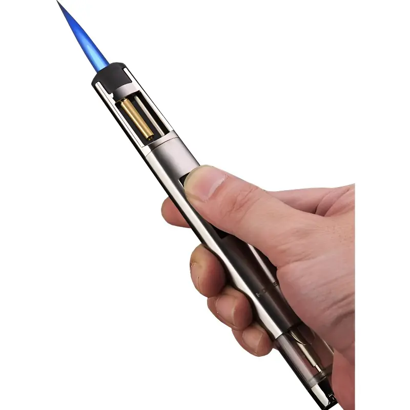 Smooth Solid Metal Gas Powered Butane Torch Lighter - 64.8g Refillable Windproof Jet Flame Lighter, 6.7*0.96*0.94 inch, Adjustable Intensity, Visible Gas Tank, Non-Hazardous for Kitchen BBQ (Without Fuel)