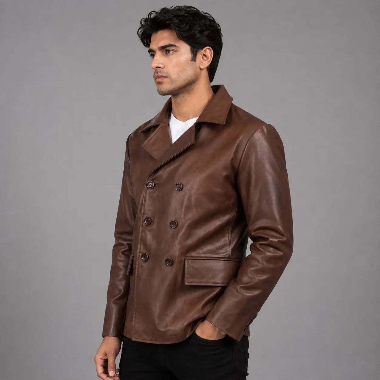 Men's Leather Naval Peacoat - Available in Black, Brown Casual Classic