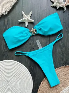 Two-Piece Set Women's Solid Color Metal Starfish Decor Bandeau Bikini Set, High Stretch Casual Fashion Chic Backless Strapless Swim Top & Swim Panty for Beach Holiday Vacation, Ladies Swimwear for All Seasons