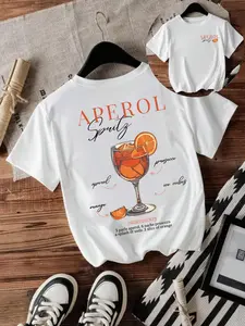 Women's Aperol Spritz Print Round Neck Tee, Casual Short Sleeve T-shirt for Daily Wear, Ladies Clothes for Spring & Summer, Top, Womenswear