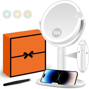 Makeup Mirror with Lights, 30X Magnifying Mirror with Light and  ,  Mirror with 3 Color Light and 80 LEDs, Height Adjustable Desk Mirror with Lights, White