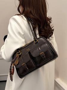 women's retro solid color pu leather shoulder bag, large capacity crossbody bag with detachable accessory charm, leather satchel purse, casual trendy versatile high-quality daily commuting bag, everyday bags, office shoulder bag, textured shoulder bag