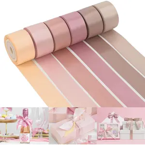 Dusty Rose Wedding Ribbon Double-Faced Satin Ribbon Assortment 1" Wide Rose Pink Silk Ribbons for Gift Wrap Wedding Bridal Baby Shower Decor Flower Bouquet Crafts- 6 Colors X 5 Yards Each