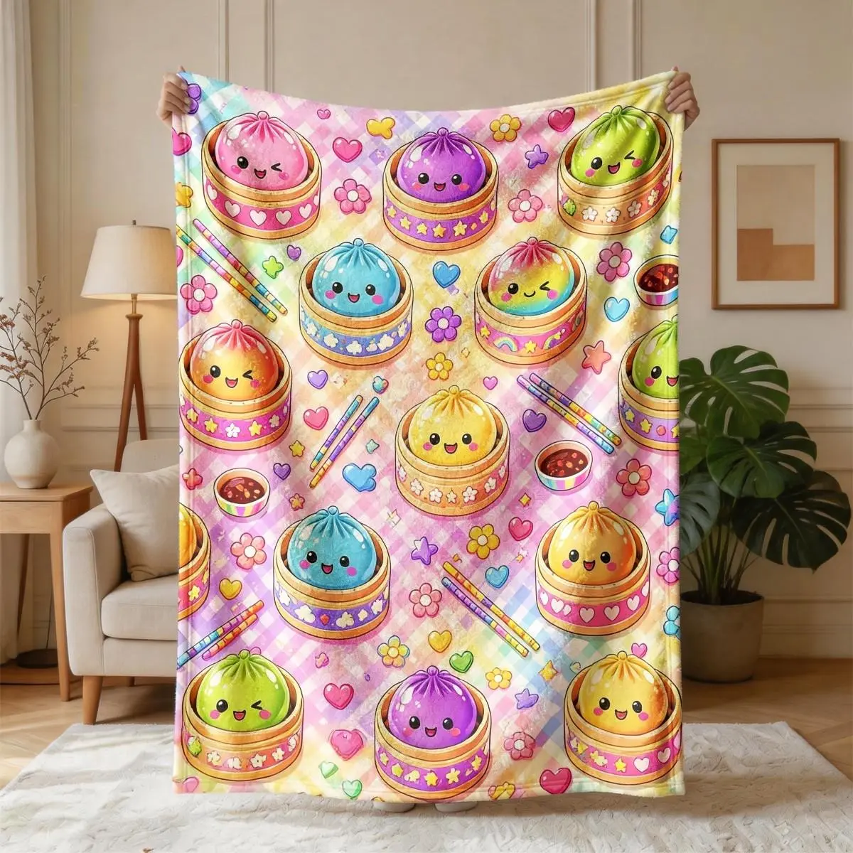 Shimmering Food Print Steamed Bun Art Flannel Throw Blanket - Soft, Lightweight, Warm, Stain Resistant, Single-Side Printed, Multi-Purpose Decor for Bed, Sofa, Ideal Lovely Gift for Daily Use & Holidays