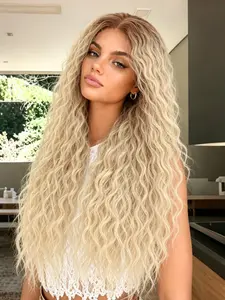 Beige Deep Curly Wig Lace Front Wig with Dark Root 13x4 HD Transparent Lace Frontal Wig Soft Long Curly Wig Fluffy Wavy Wig Heat Resistant Synthetic Wig Curly Wig for Women Daily Wear Party Dating 28 Inch