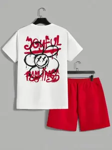 Men's Casual Summer Set, Floral Pattern Short Sleeve T-Shirt & Drawstring Shorts, Breathable Polyester Fabric