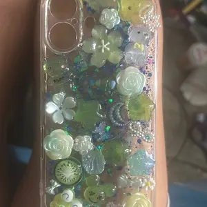 Glittery Floral Phone Case with Green Roses and Sparkling Decorations for iPhone 12