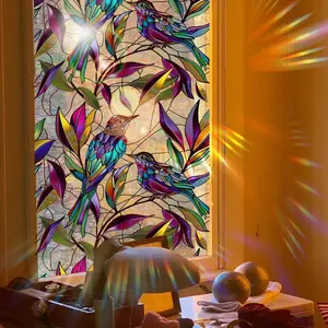 European Vintage Bird Floral Sunlight Colorful Window Sticker, Home Decor Wall Decal, Static Cling, 45x100cm, 1 Piece, Decorative Artistic Sunlight Effect