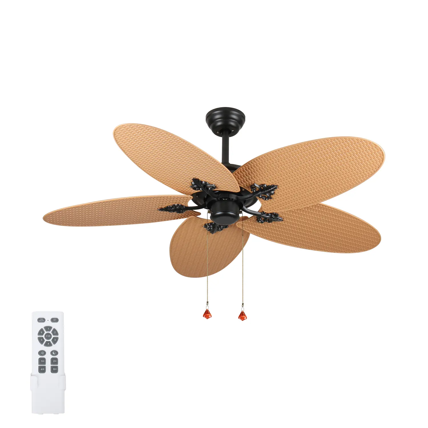 TOPFISH 52-Inch Tropical Ceiling Fan - 5 Palm Leaf Reversible Blades, 3 Speeds, Dual Mount Options, Indoor/Outdoor No-Light Design, Pull Chain Control, Ideal for Patios, Bedrooms, Three Speeds