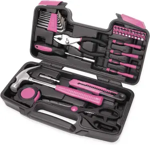 39-Piece Household Tool Set – All-Purpose Basic Hand Tool Kit with Toolbox for Home, Office & Dorm (Pink)