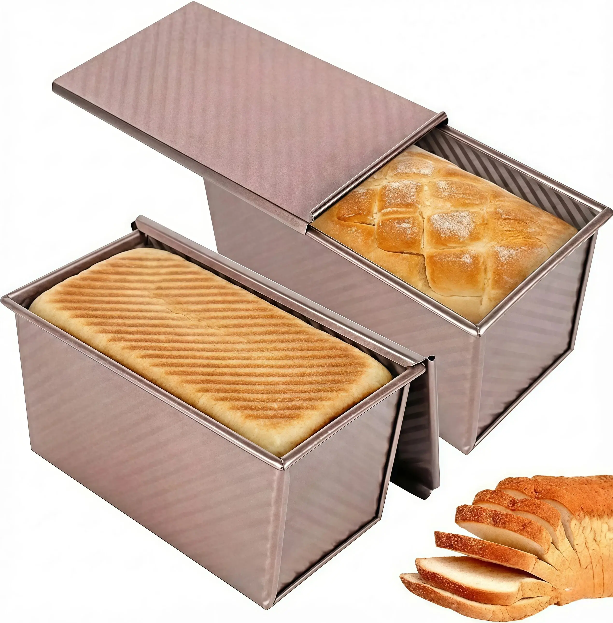 2-Pack Food Grade Carbon Steel Non-Stick Pullman Bread Pans with Lid Control, 8.3-Inch 1LB Bakeware with Precise Vent Holes, Dual Oven-Compatible Rectangular Tins for Sandwich Loaves & Everyday Baking (Effortless Release)