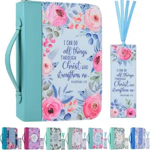 Bible Covers Case for Women Leather Large Study Bible Carrying Cases Holder 11"x8.2"x2.2" Floral Bible Carrier Tote Bags with Handles Pockets Christian Bible Accessories Gifts