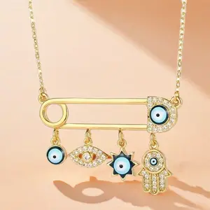 Golden Plated Evil Eye Hamsa Hand Choker Necklace with Rhinestones and Safety Pin Charm Bohemian Lucky Amulet for Women Girls Fashion Protection Jewelry