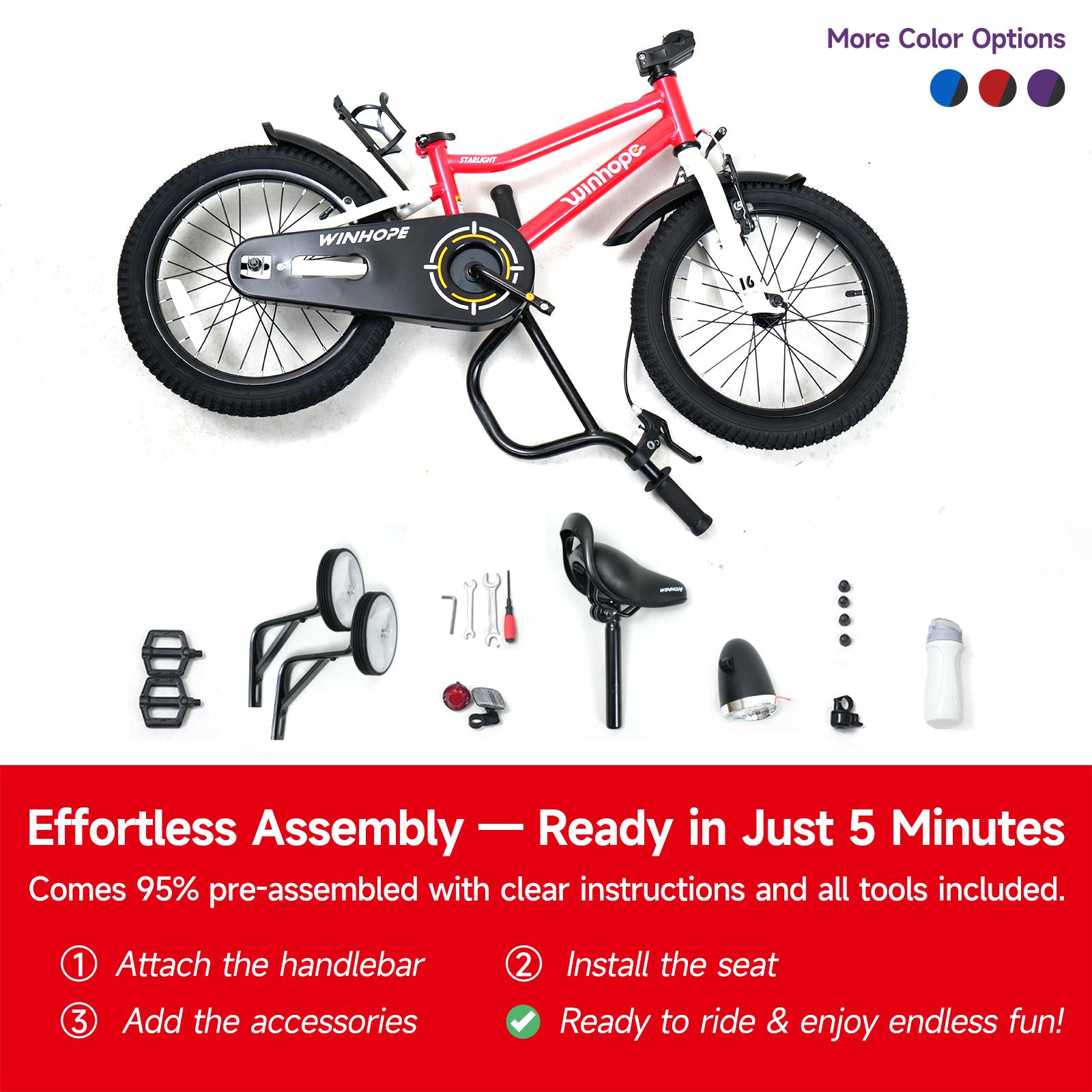 WinHope Star Light Kids’ Bicycle Ages 2–9 | 12–18 inch with training wheels, front light, fenders, water bottle holder | 95% preassembled, dual brakes, adjustable seat/handlebar