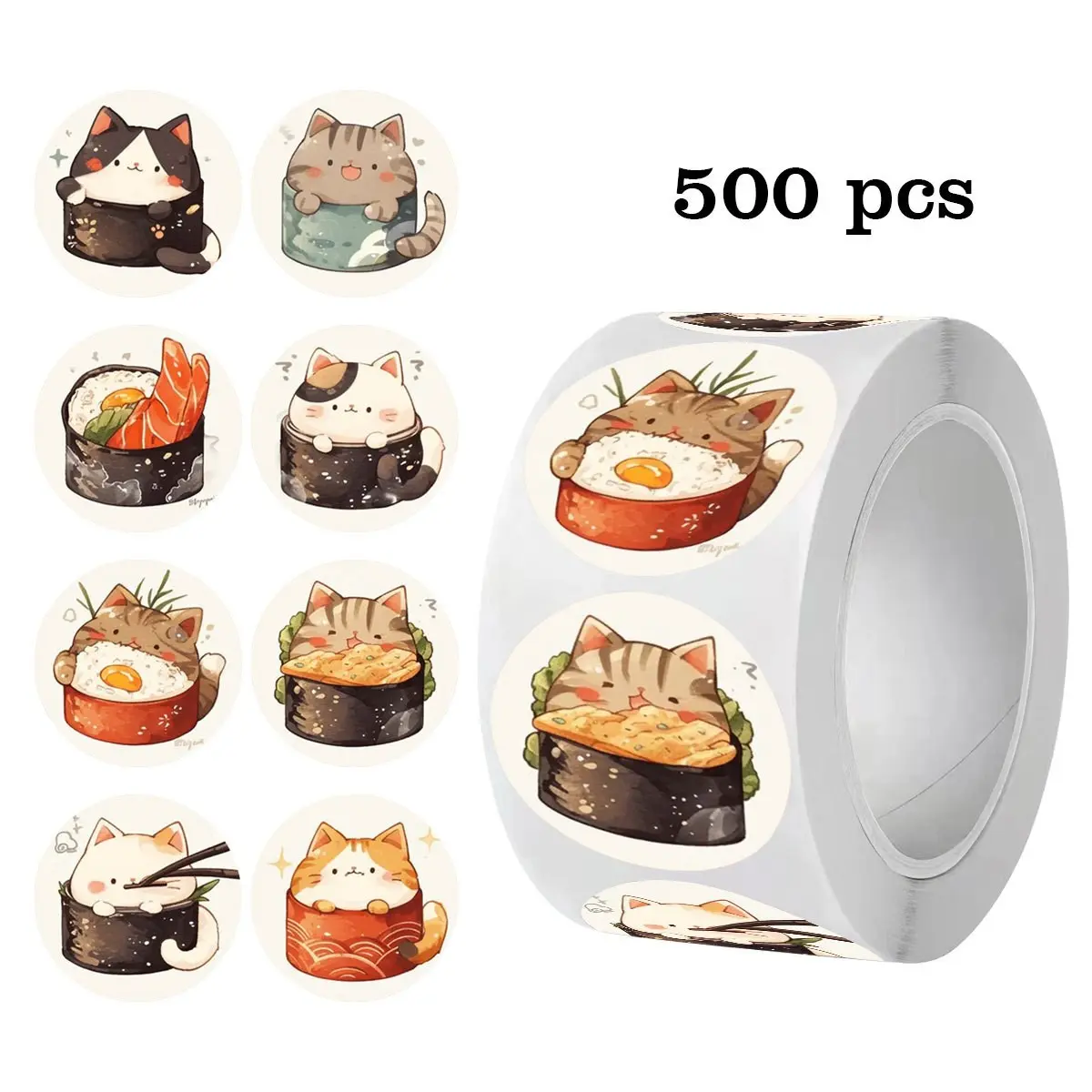 500pcs Cartoon Cat Vinyl Stickers Roll, 1 Inch Adhesive Vinyl Decal ...