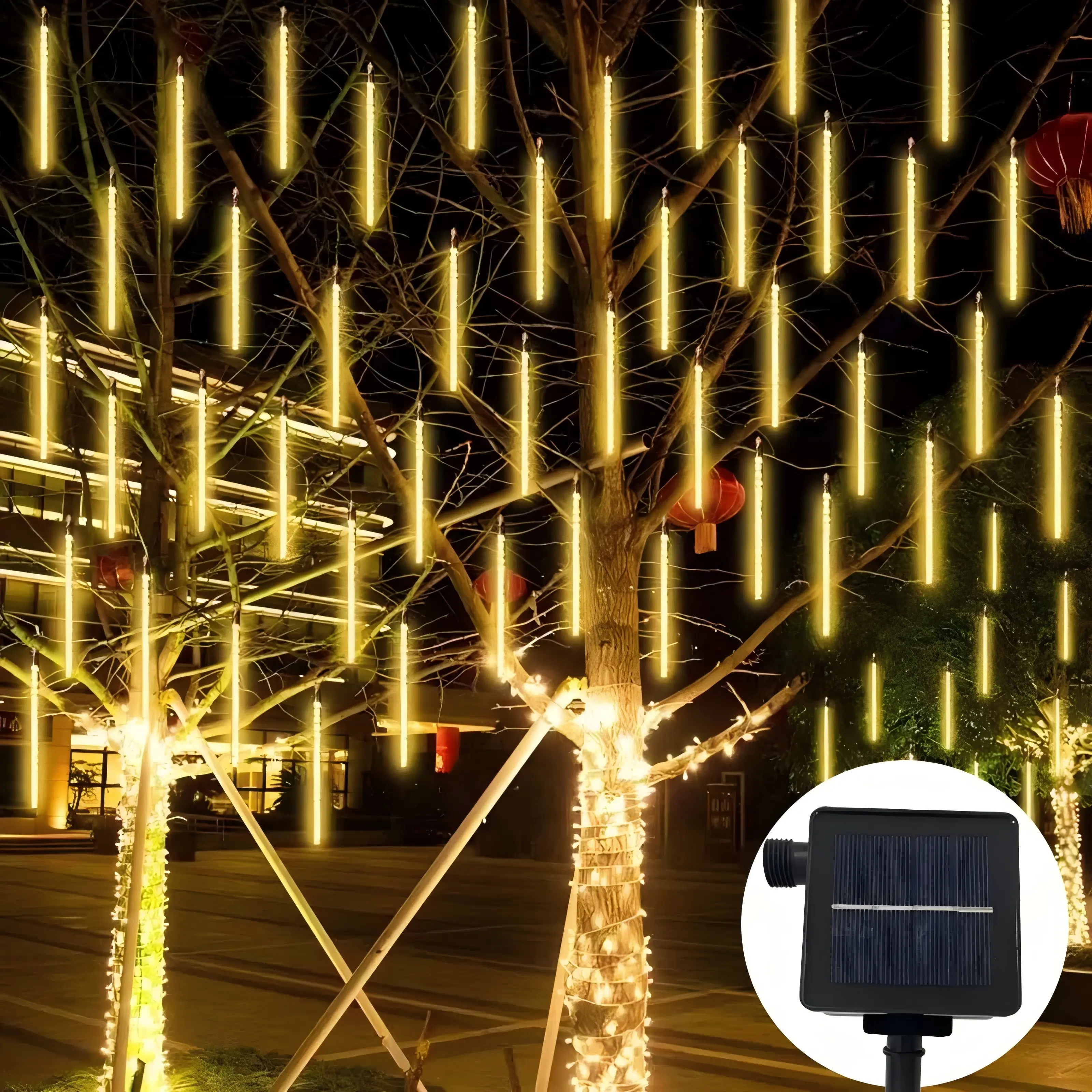Solar Meteor Shower Rain Lights, 288 LED Falling Rain Christmas Lights with 8 Tubes (11.8'' Each), Waterfall Effect Outdoor Decor for Xmas Tree, Yard, Roof, Party festival decoration (Warm White/Multicolor))
