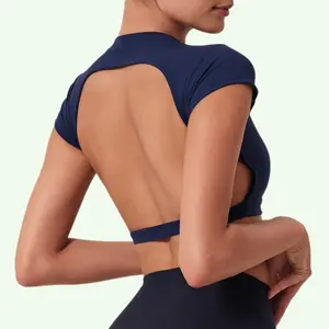 Women's sexy backless tight-fitting sports short-sleeve top, shockproof, comfortable, quick-drying, with built-in chest pads, suitable for yoga, running, fitness, and outdoor activities