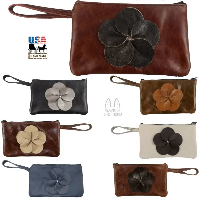 LEATHER FLOWER CLUTCH - Amish Handmade in USA - 10 COLORS