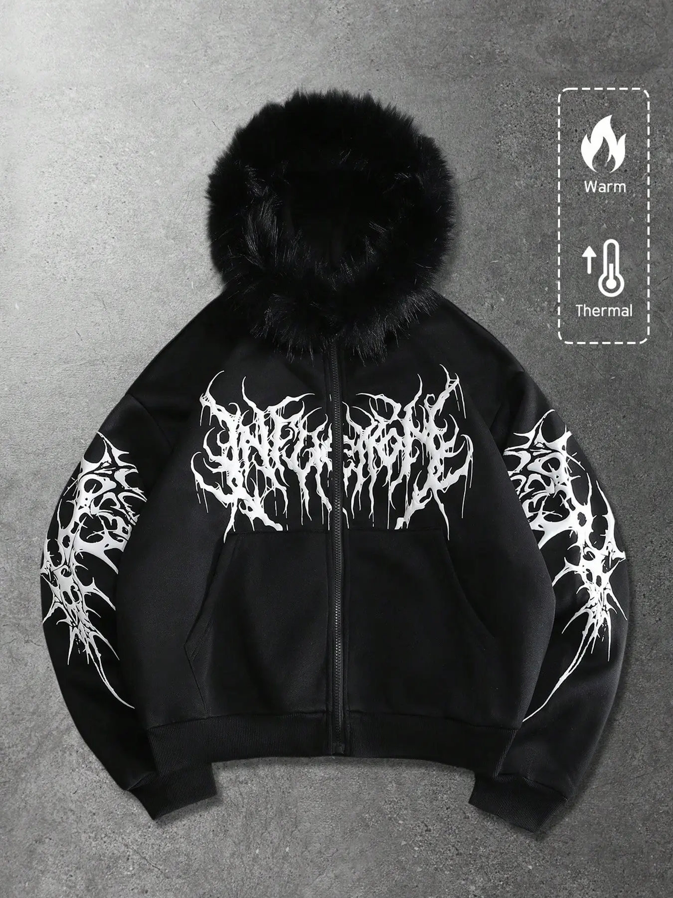 Y2K Cyber Grunge Full Zip Hoodie with Red Furry Hood | Gothic