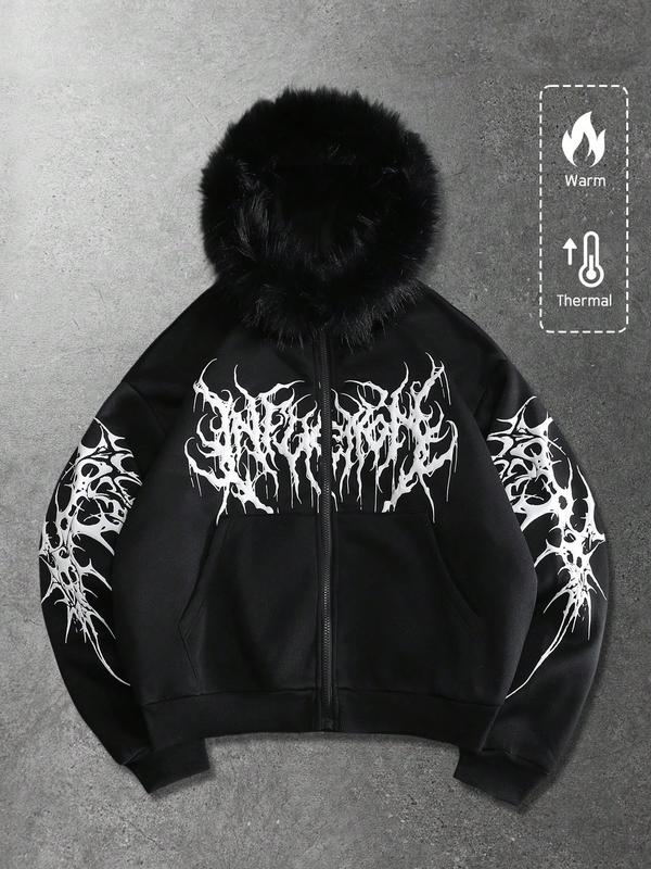 Y2K Cyber Grunge Full Zip Hoodie with Red Furry Hood | Gothic Graphic Oversized Jacket for Vampire Aesthetic | Underground Streetwear for Winter Music Festivals & Night Out