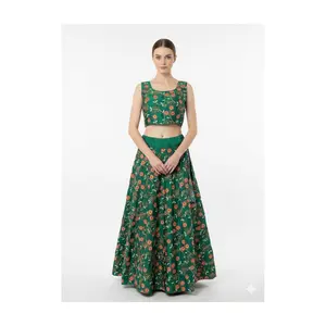 #K55 Stunning Green Embroidered Lehenga Choli Set( Unstitched sleeves attached with blouse)