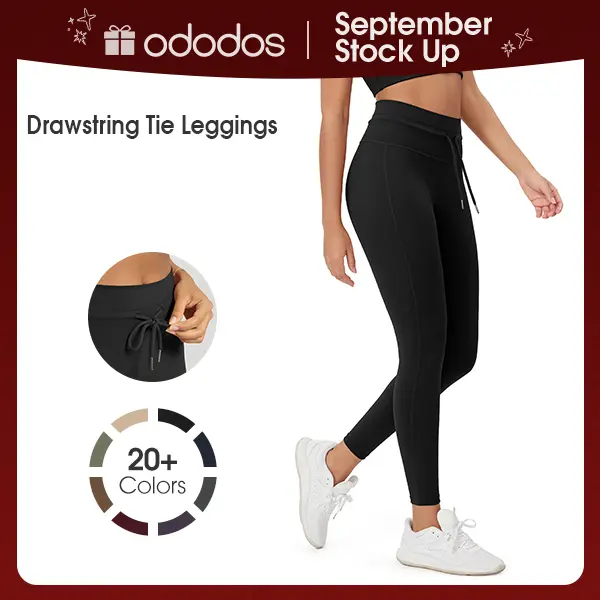 ODODOS Women's Fitted High Waist Drawstring Tie Leggings - 25"/28" Inseam, Soft 4-Way Stretch, Pet Hair Resistant, All-Season Side Logoless Yoga Pants, Workout Wear