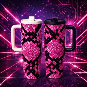 1 Pc 40oz Insulated Mug, Stainless Tumbler, Double Wall Vacuum Cup Keeps Hot 12 Hours Cold 24 Hours, Leak Proof Lid With Handle And Straw, Large Capacity Thermal Mug For Hot Cold Drinks, Pink Diamond Snake Print Design, Travel Gift For Women Men