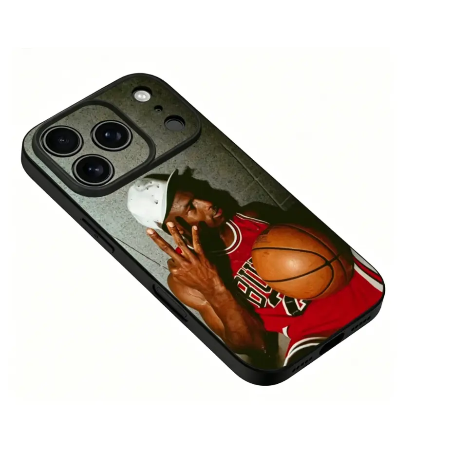 Giant basketball Jordan pattern liquid metal phone case, compatible with iPhone 17, 16, 15, 14, 13, 12, black protective case.