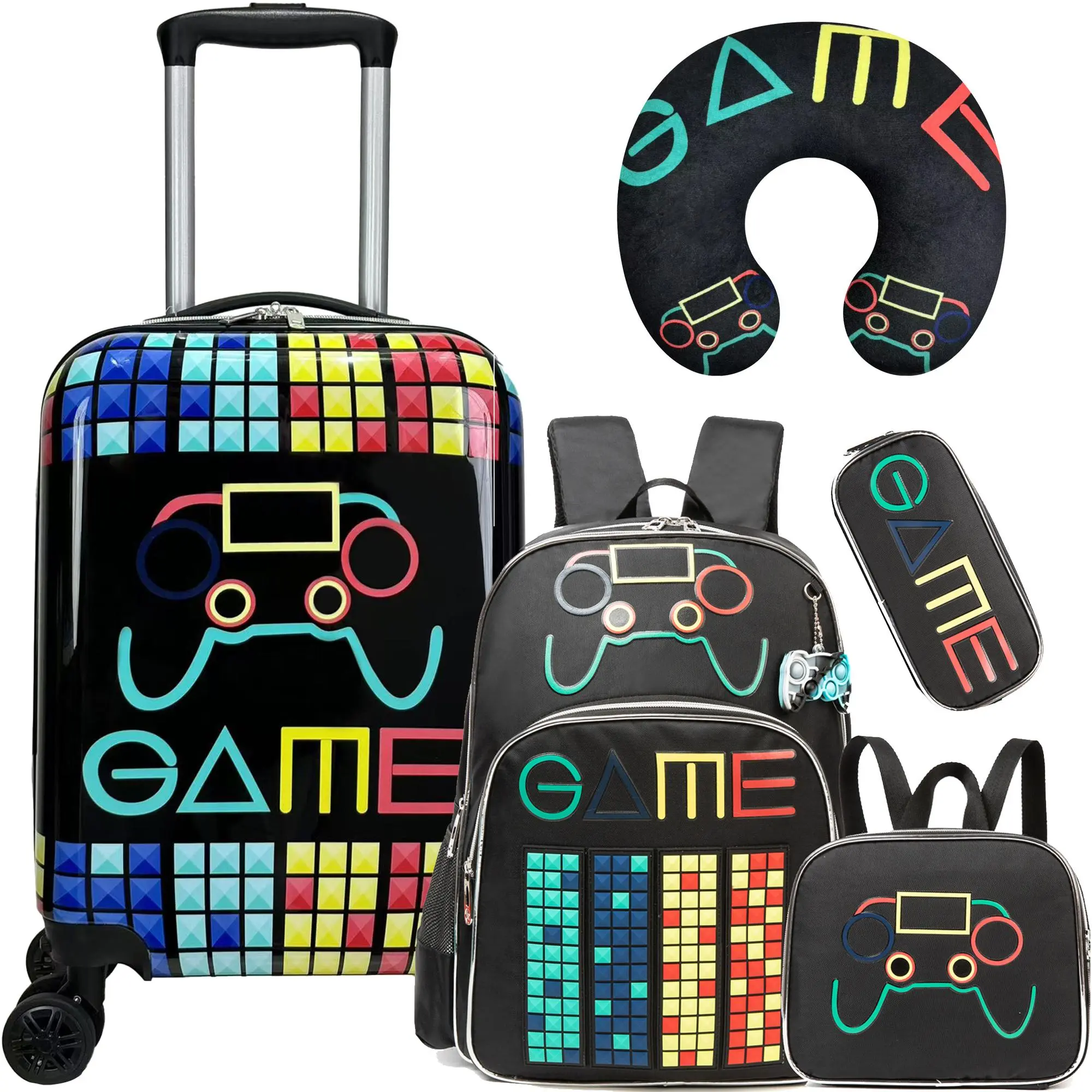 Boys' 5-Piece Gamer Hard Shell Luggage Set - ABS, Expandable, 4 Wheels 360 Rotation - Rolling Suitcase, Backpack, Lunch Bag, Neck Pillow - for Back to School Haul, Birthdays, Travel