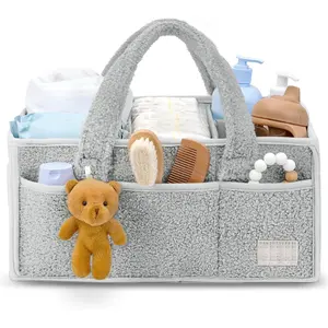 Baby Diaper Caddy Organizer with Handle - Portable Sherpa Nursery Basket - Car Diaper Organizer, Cleaning Caddy, Gift for Baby Shower - Grey