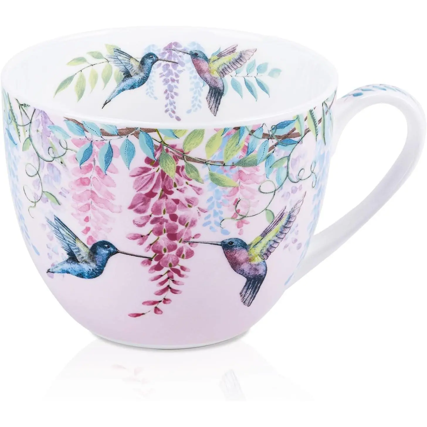 Spring Hummingbird Hug Mug - 20oz Pink Bone China Coffee Tea Mug with Floral Vine & Fluttering Hummingbirds, Thoughtful Gifts for Mom Women Mothers Day, Designed in England by Harvest Green Studio