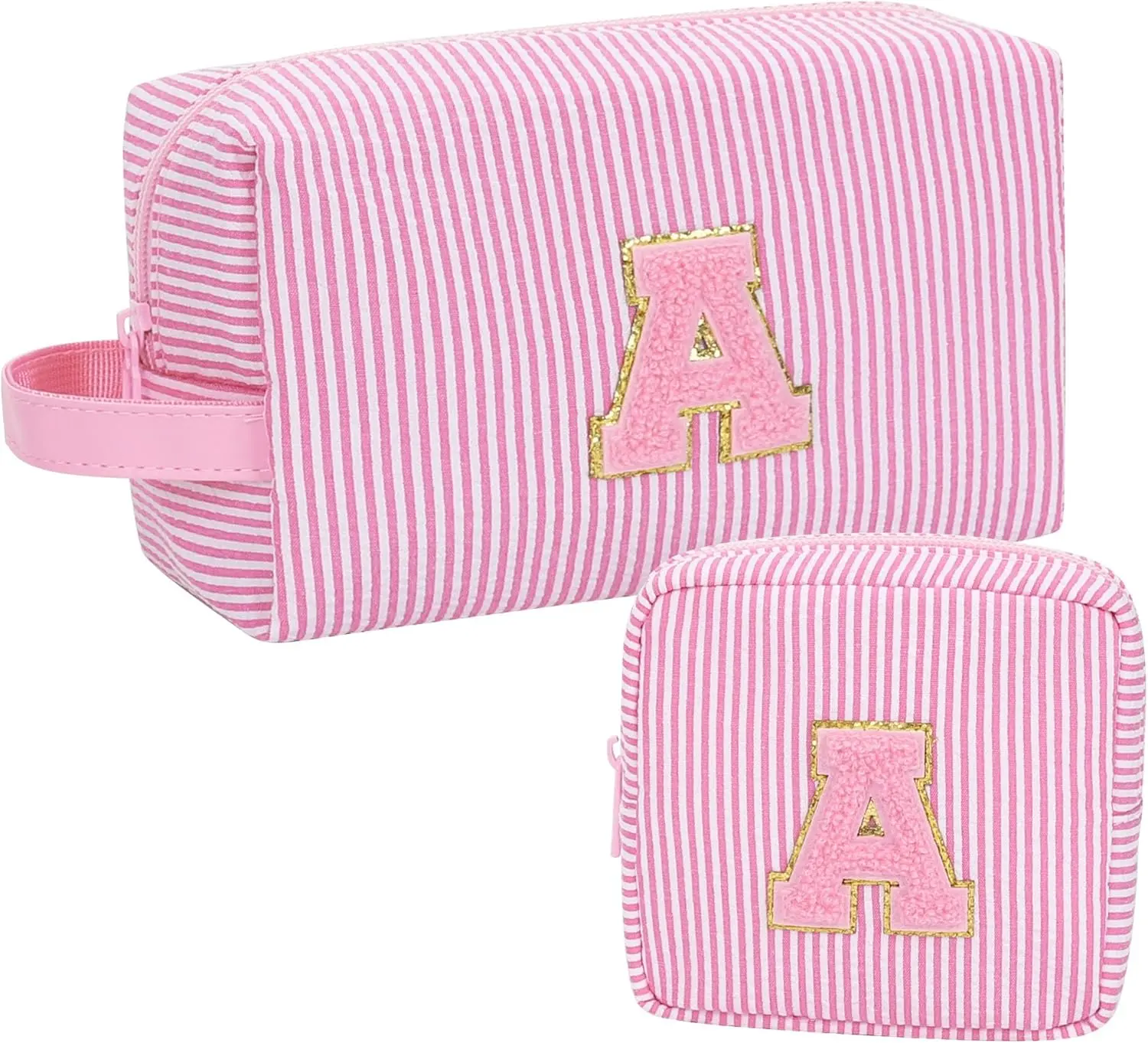 Initial Makeup Bag Set for Girls&Women,Personalized Make Up Case for Girlfriend Graduation Teacher Gifts,Cute Toiletry Bag Preppy Chenille Letter Patch,Pink A