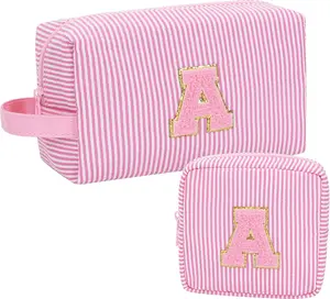 Initial Makeup Bag Set for Girls&Women,Personalized Make Up Case for Girlfriend Graduation Teacher Gifts,Cute Toiletry Bag Preppy Chenille Letter Patch,Pink A