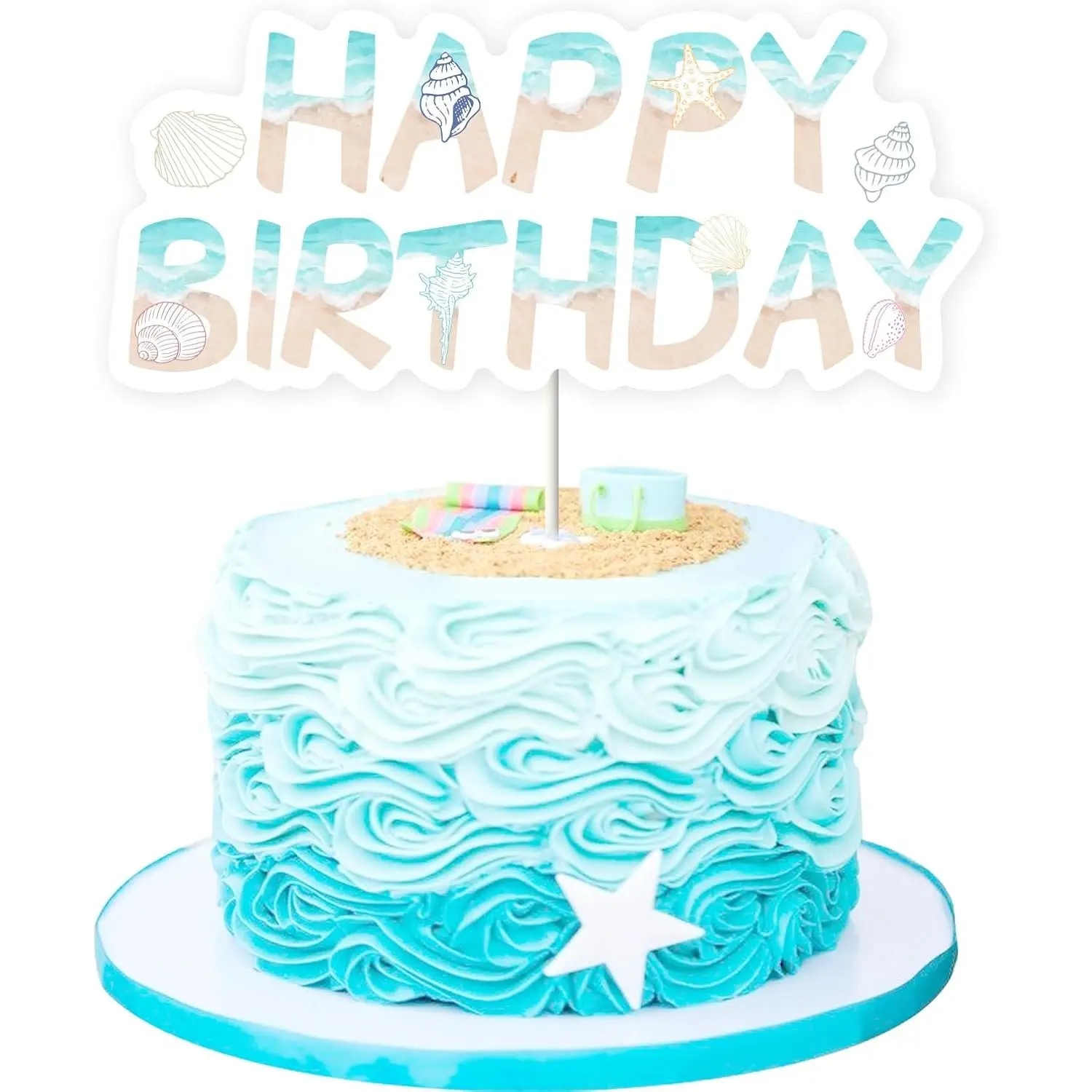 1-Set High Quality Card Stock Beach Shell Star Cake Topper - Sand, Wave Print Under The Sea Mermaid Sea Creature Decor (5.51*2.4 inches) for Outdoor Summer Surf Birthday Party & Home Festive Party Cake Supplies Essentials