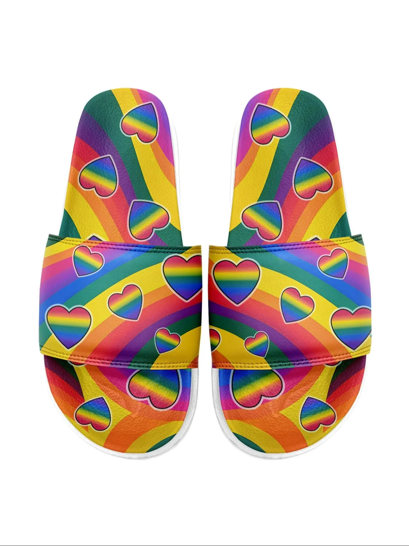 Women's Rainbow & Heart Pattern Slides, Casual Comfortable Home Slippers, Non-slip Soft Slippers for Indoor & Outdoor Wear, Walking Shoes