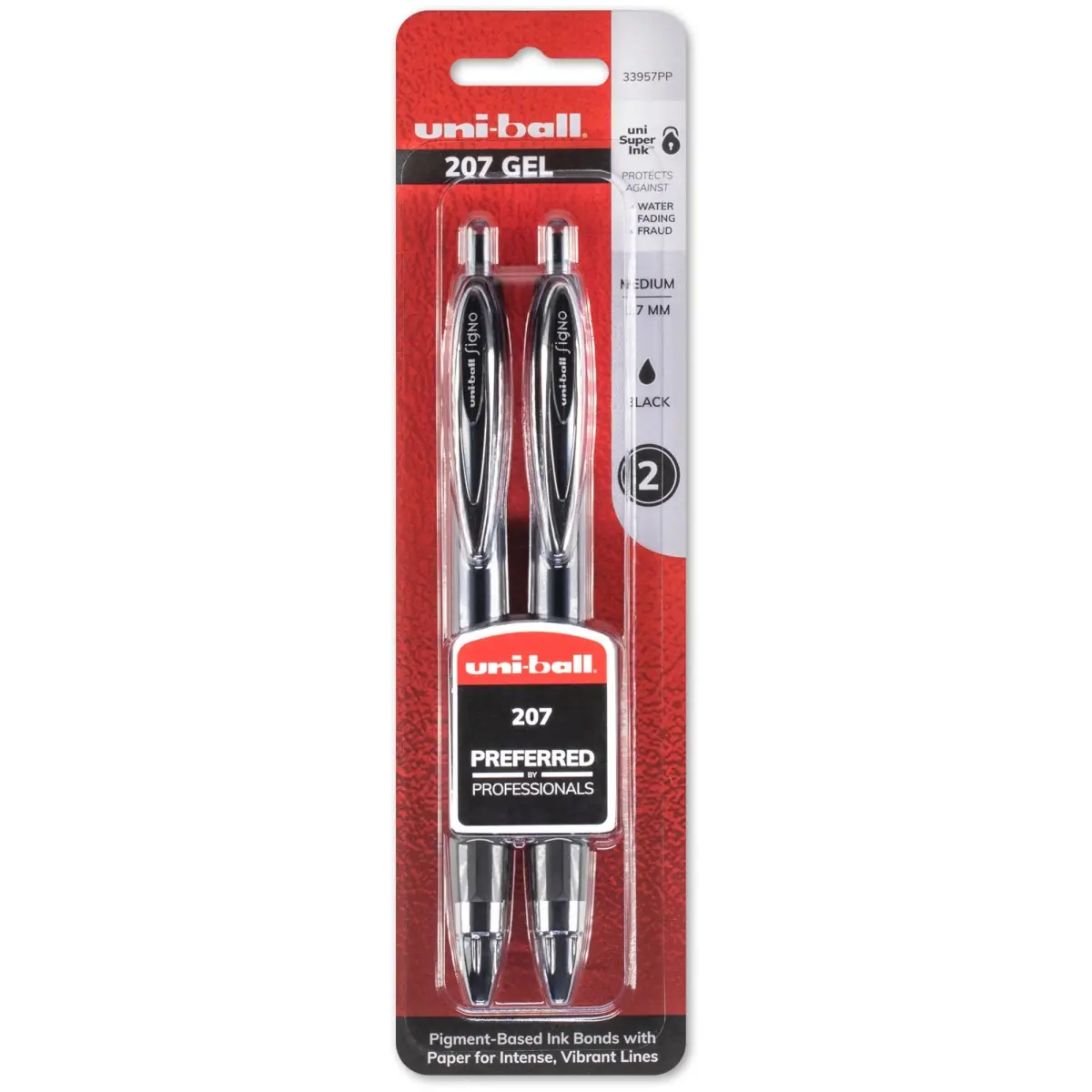 Uni-Ball Signo 207 Retractable Needle Point Gel Pen (UBC33957PP) - 0.7 mm Black, Acid-Free Gel Ink, Clip, Textured Rubber Grip, Water-Fading Protection, Document Fraud Prevention, 2 per Pack Writing Tool