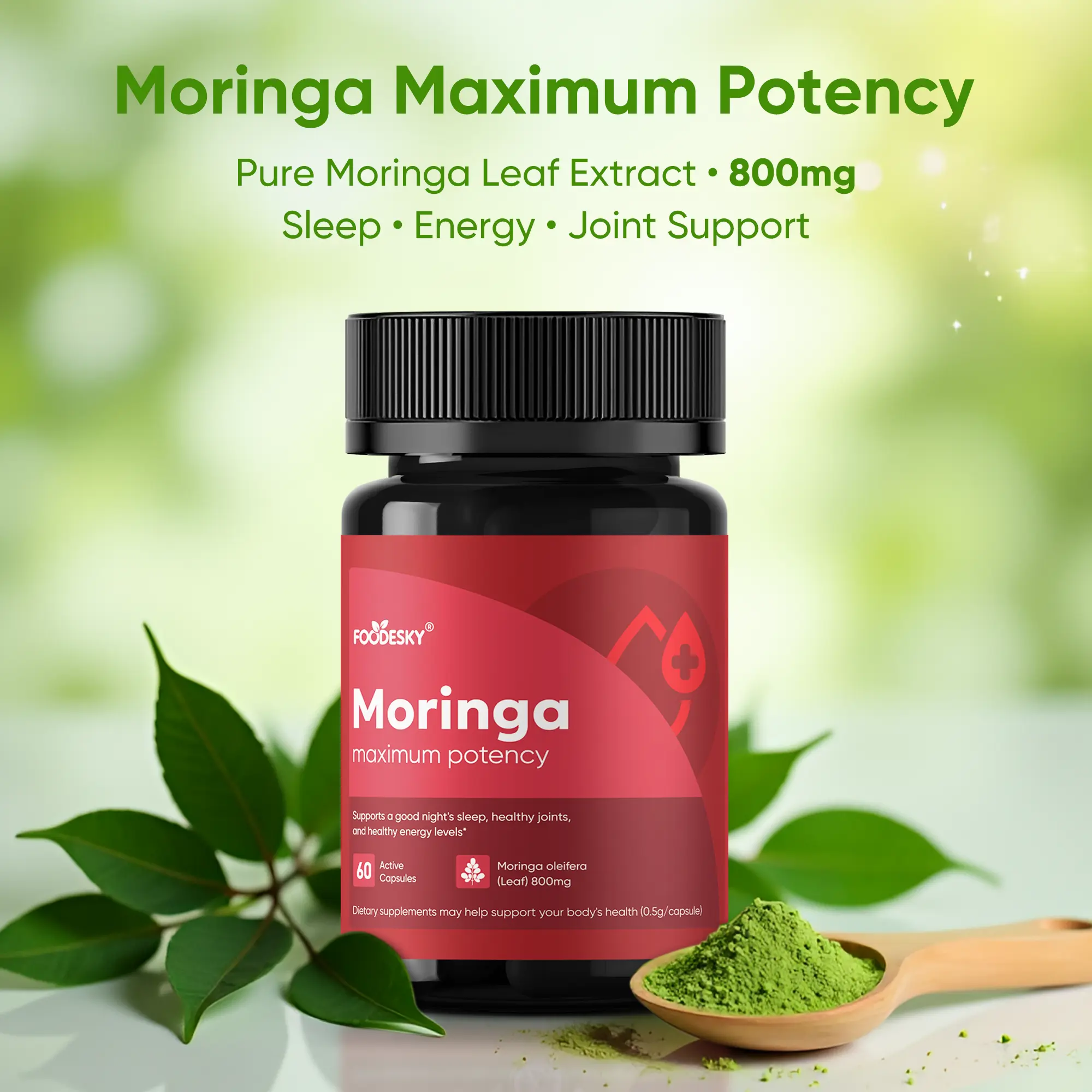 Moringa 60 Capsules, High Potency Moringa Leaf Extract Superfood Supplement for Energy, Vitality & Antioxidant Support, Antioxidant, Immune & Cellular Support, Superfood Supplement