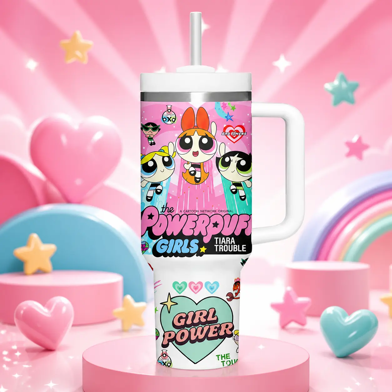 The Powerpuff Girls Vintage Cartoon Hero Trio Aesthetic 40oz Stainless Steel Tumbler with Handle – Townsville Insulated Mug, Fans Style Cup, Cute Retro Y2K Design, Leakproof Tr