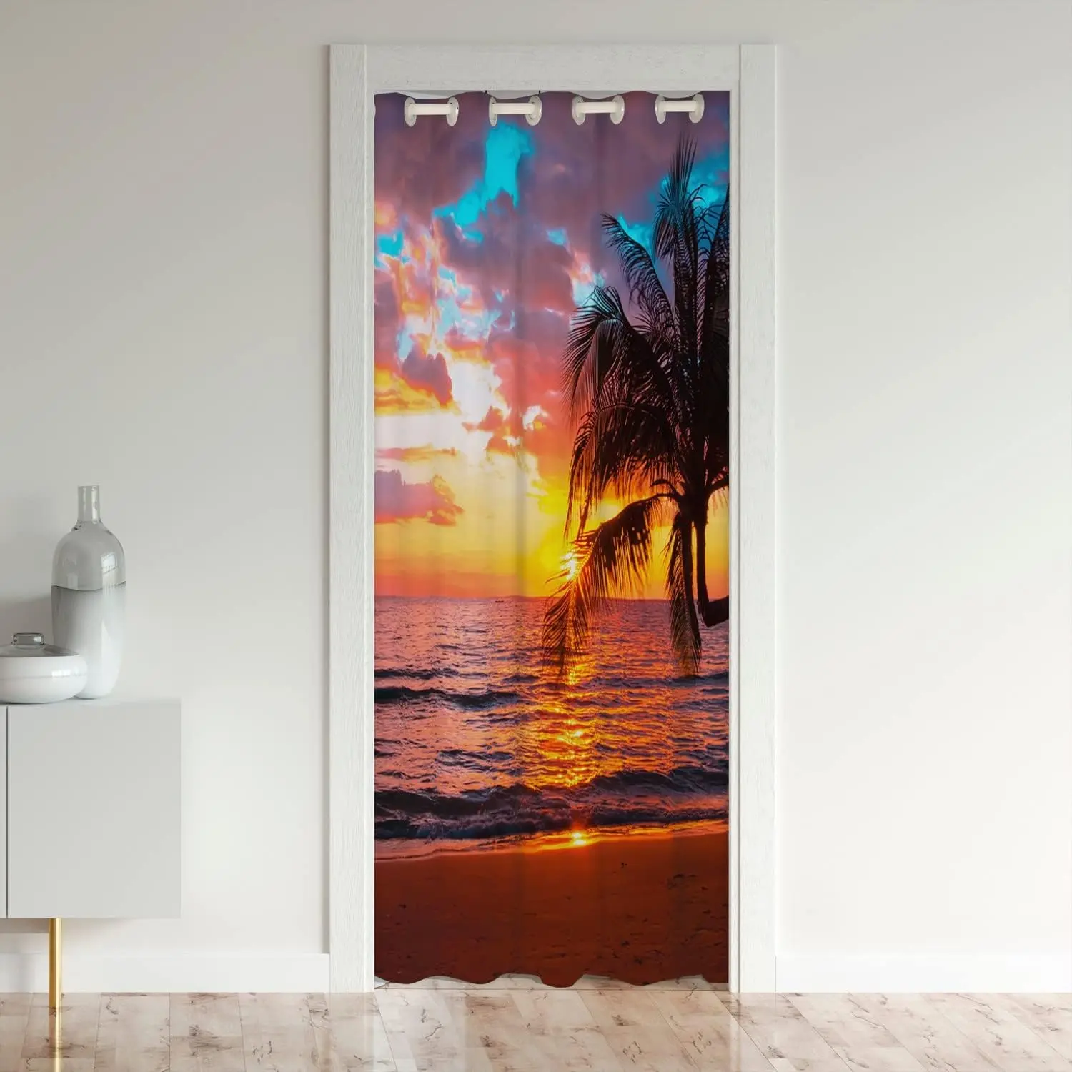 Feelyou Ocean Beach Privacy Doorway Curtain - Hawaiian Palm Tree Tropical Sea Sunset Design, 34"x80" 1 Panel Closet Cover, Kitchen Use, Privacy Grommet, Room Decor, Thermal Insulated, Kitchen Curtain, Privacy Grommet Curtains